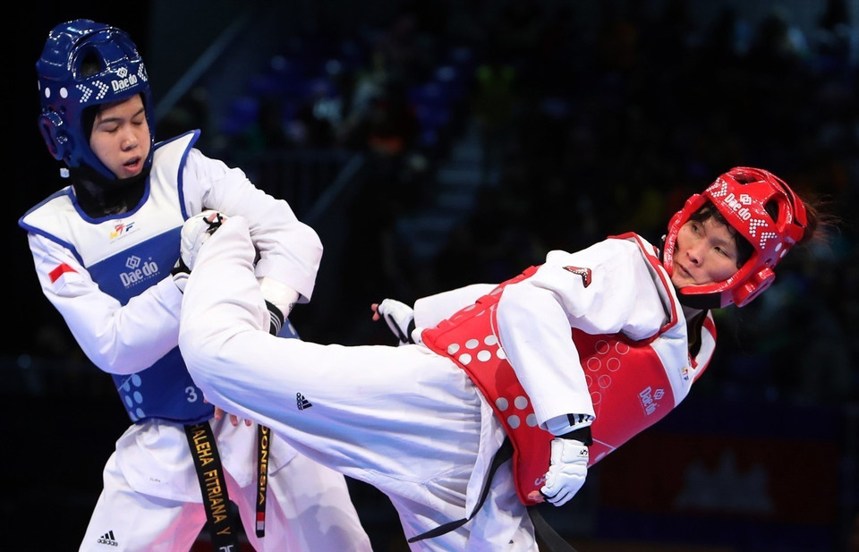 Võ sỹ Taekwondo Hà Thị Nguyên xuất sắc đoạt Huy chương vàng nội dung đối kháng, hạng cân dưới 62kg nữ tại SEA Games 29 ở Malaysia (8/2017). (Ảnh: Quốc Khánh/TTXVN)