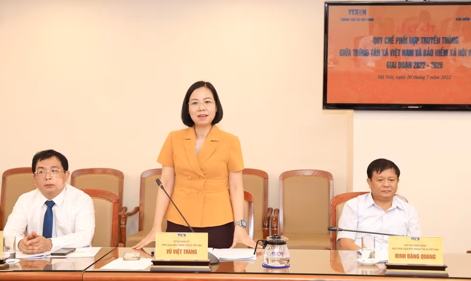 Tổng Giám đốc Thông tấn xã Việt Nam Vũ Việt Trang phát biểu tại buổi lễ. (Ảnh: Tuấn Anh/TTXVN)