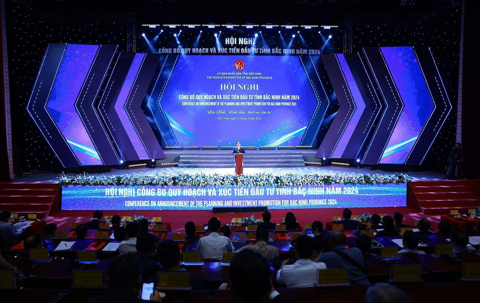 Thủ tướng Phạm Minh Chính phát biểu tại Hội nghị công bố Quy hoạch và Xúc tiến đầu tư tỉnh Bắc Ninh năm 2024. (Ảnh: Dương Giang/TTXVN)