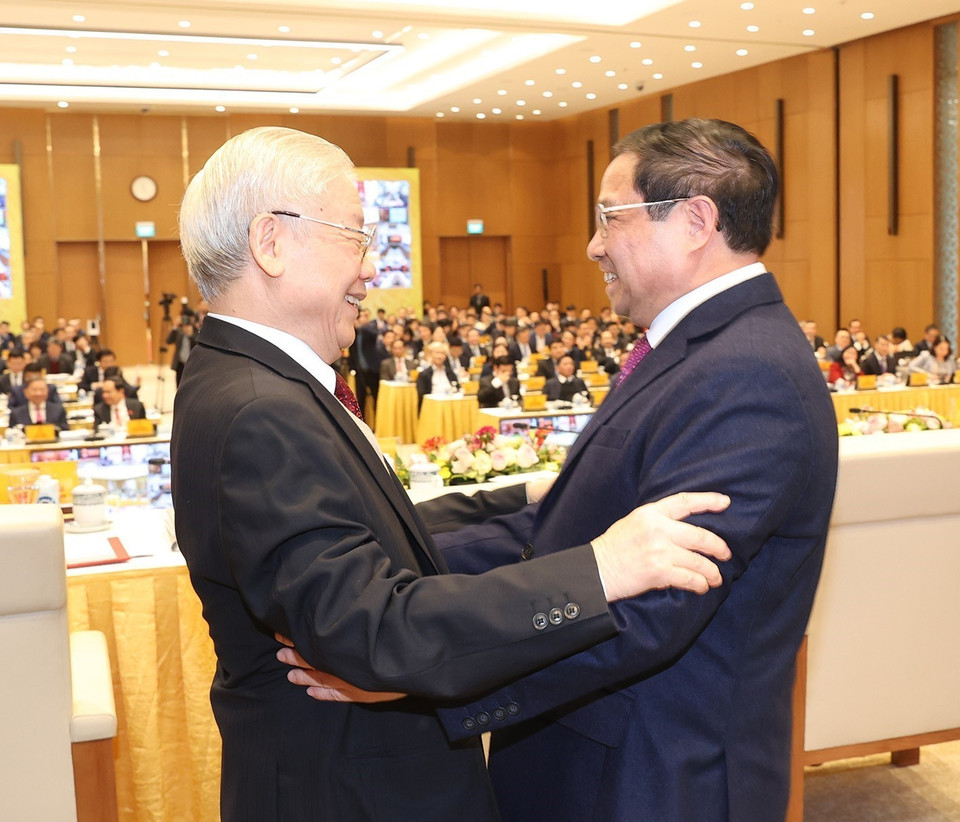 Tổng Bí thư Nguyễn Phú Trọng và Thủ tướng Chính phủ Phạm Minh Chính tại hội nghị. (Ảnh: Trí Dũng/TTXVN)