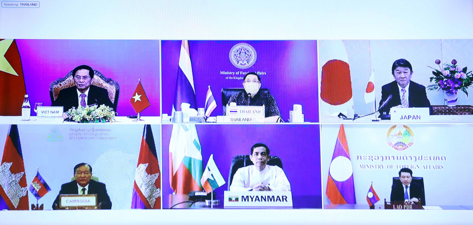 Bộ trưởng Ngoại giao các nước tham dự Hội nghị Hợp tác Mekong-Nhật Bản lần thứ 14 theo hình thức trực tuyến. (Ảnh: Phạm Kiên/TTXVN)