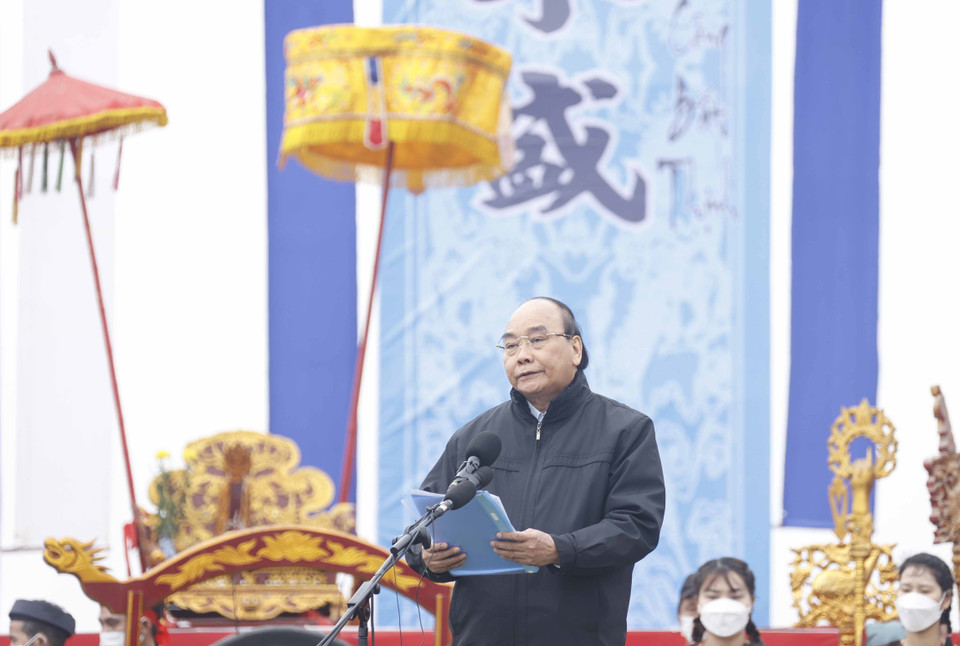 Chủ tịch nước Nguyễn Xuân Phúc phát biểu tại Lễ Tịch điền Đọi Sơn. (Ảnh: Thống Nhất/TTXVN)