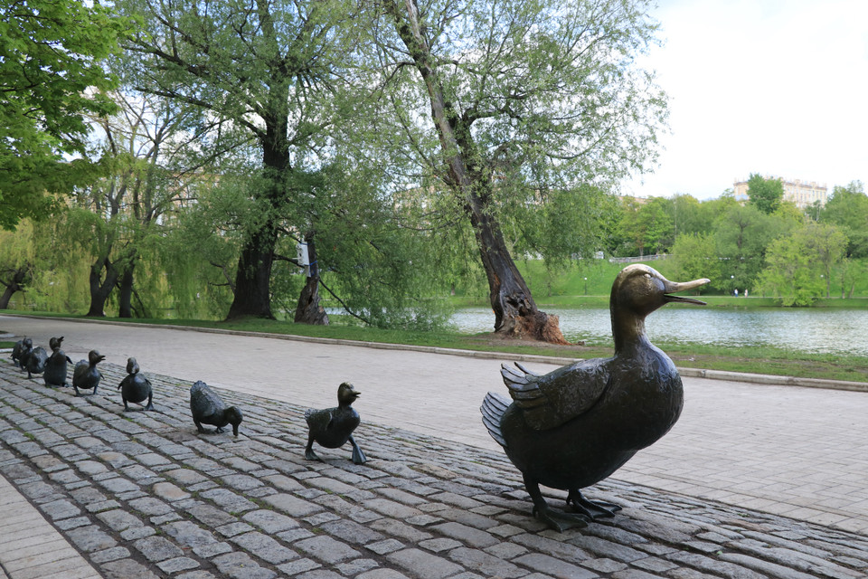 Công viên tu viện Novodevichy là một trong những không gian xanh lý tưởng để người dân Nga và du khách thư giãn, tận hưởng bầu không khí trong lành. Điều ấn tượng là tại công viên này có đàn vịt được đúc bằng đồng (gồm 9 con vịt có kích thức khác nhau), trong đó vịt mẹ lớn nhất có trọng lượng lên tới 1 tấn. (Ảnh: Hùng Võ/Vietnam+)