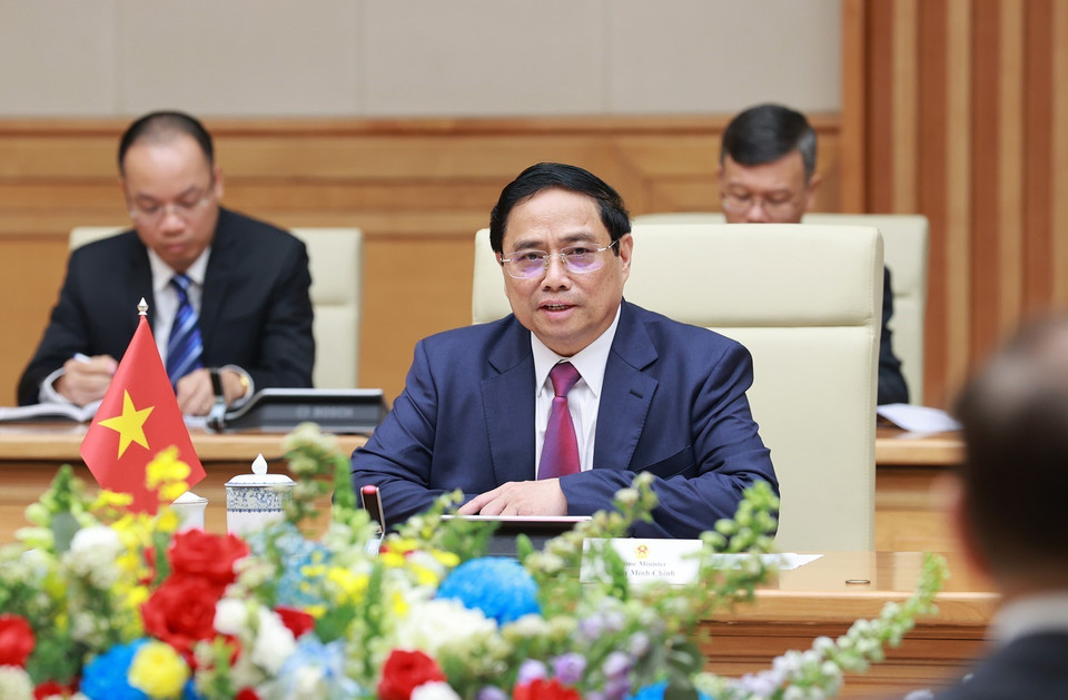 Thủ tướng Phạm Minh Chính phát biểu tại buổi hội kiến Toàn quyền Australia David Hurley. (Ảnh: Dương Giang/TTXVN)