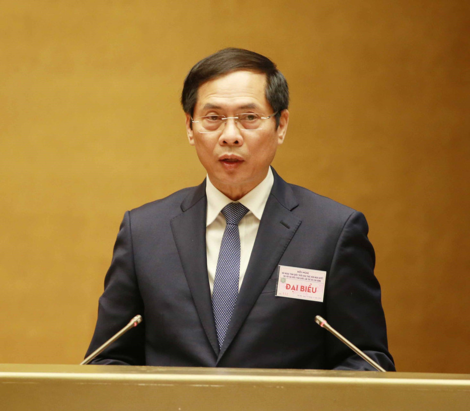 Ông Bùi Thanh Sơn, Ủy viên Trung ương Đảng, Bộ trưởng Bộ Ngoại giao trình bày tham luận tại hội nghị. (Ảnh: Phương Hoa/TTXVN)