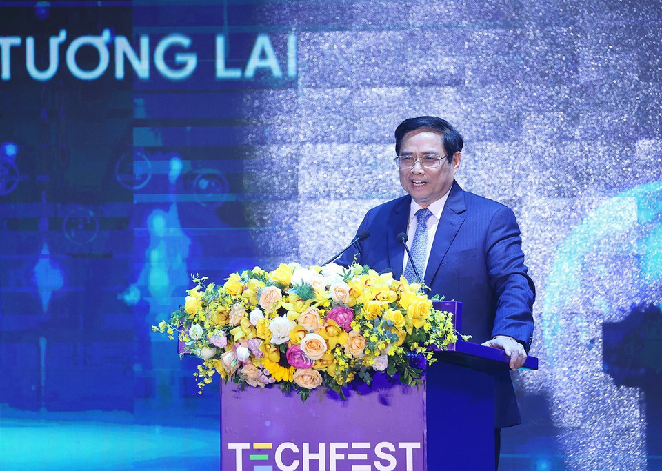 Thủ tướng Phạm Minh Chính phát biểu tại chương trình Dấu ấn khởi nghiệp đổi mới sáng tạo quốc gia 2021. (Ảnh: Dương Giang/TTXVN)