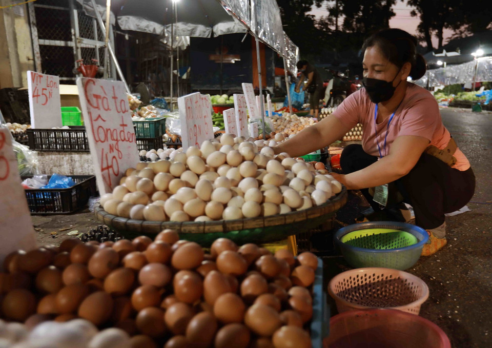 Tiểu thương chuẩn bị nguồn thực phẩm để phục vụ người dân đến mua sắm ở chợ đầu mối Nam Hà Nội (quận Hoàng Mai). (Ảnh: Vũ Sinh/TTXVN)