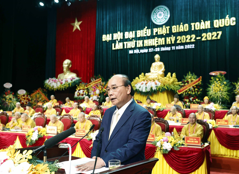 Hình ảnh Chủ tịch nước Nguyễn Xuân Phúc phát biểu chúc mừng và chỉ đạo đại hội. (Ảnh: Thống Nhất/TTXVN)