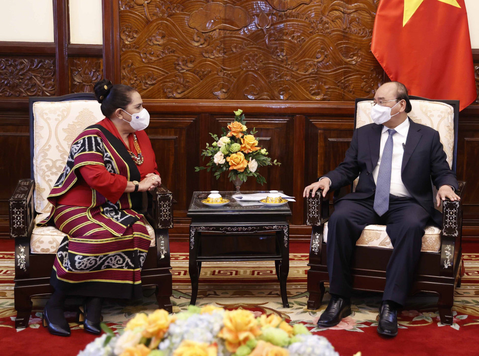 Chủ tịch nước Nguyễn Xuân Phúc tiếp bà Maria Olandina Isabel Caeiro Alves, Đại sứ Timor Leste tại Việt Nam. (Ảnh: Thống Nhất/TTXVN)