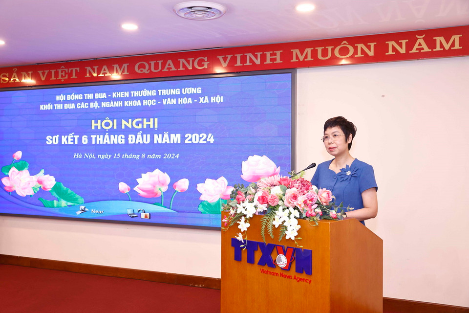 Bí thư Đảng ủy, Tổng Giám đốc, Chủ tịch Hội đồng Thi đua - Khen thưởng Thông tấn xã Việt Nam Vũ Việt Trang phát biểu. (Ảnh: Doãn Tấn/TTXVN)