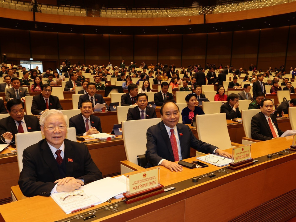 Tổng Bí thư, Chủ tịch nước Nguyễn Phú Trọng và Thủ tướng Nguyễn Xuân Phúc dự khai mạc Kỳ họp thứ 11, Quốc hội khóa XIV. (Ảnh: Trí Dũng/TTXVN)