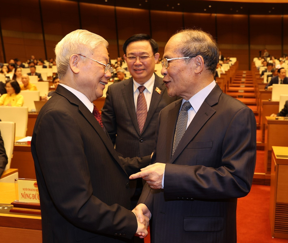 Tổng Bí thư, Chủ tịch nước Nguyễn Phú Trọng với nguyên Chủ tịch Quốc hội Nguyễn Sinh Hùng dự khai mạc Kỳ họp thứ 11, Quốc hội khóa XIV. (Ảnh: Trí Dũng/TTXVN)