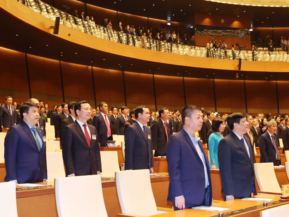 Các đại biểu Quốc hội chào cờ, khai mạc Kỳ họp thứ 11, Quốc hội khoá XIV. (Ảnh: Thống Nhất/TTXVN)