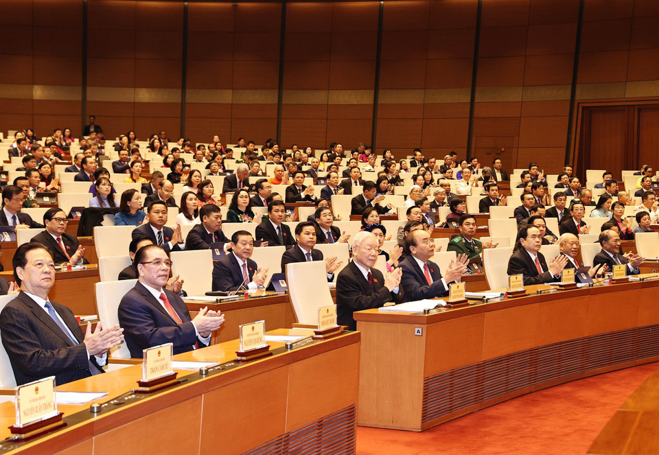 Tổng Bí thư, Chủ tịch nước Nguyễn Phú Trọng và các lãnh đạo, nguyên lãnh đạo Đảng, Nhà nước dự lễ khai mạc. (Nguồn: TTXVN)