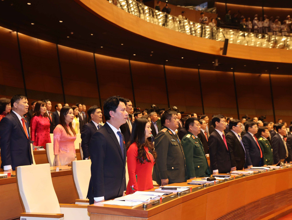 Các đại biểu Quốc hội chào cờ, khai mạc Kỳ họp thứ 11, Quốc hội khoá XIV. (Ảnh: Thống Nhất/TTXVN)