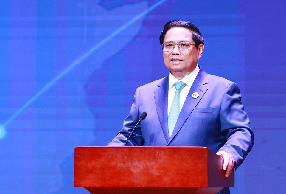 Thủ tướng Phạm Minh Chính phát biểu tại buổi gặp gỡ Hội đồng Tư vấn Kinh doanh ASEAN. (Ảnh: Dương Giang/TTXVN)