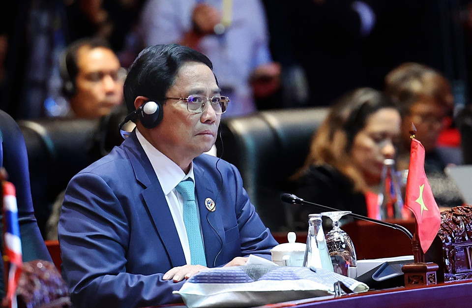 Thủ tướng Phạm Minh Chính phát biểu tại Hội nghị cấp cao ASEAN+3 (gồm Nhật Bản, Hàn Quốc và Trung Quốc) lần thứ 27. (Ảnh: Dương Giang/TTXVN)