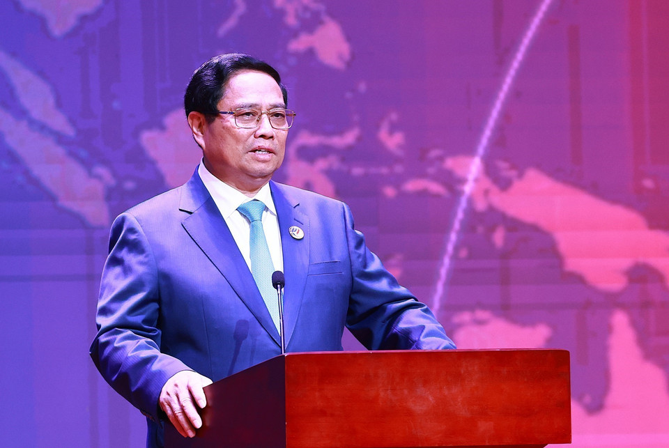 Thủ tướng Phạm Minh Chính phát biểu tại buổi gặp gỡ Hội đồng Tư vấn Kinh doanh ASEAN. (Ảnh: Dương Giang/TTXVN)