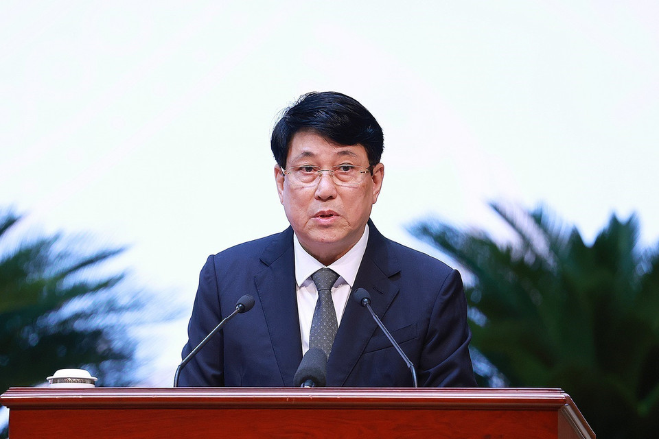 Đồng chí Lương Cường, Ủy viên Bộ Chính trị, Thường trực Ban Bí thư phát biểu khai mạc. (Ảnh: Dương Giang/ TTXVN)