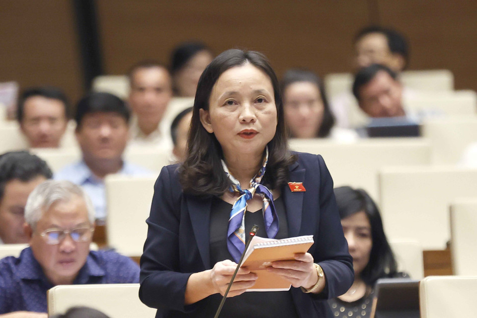 Đại biểu Quốc hội tỉnh Thanh Hóa Cầm Thị Mẫn đặt câu hỏi chất vấn. (Ảnh: Doãn Tấn/TTXVN)