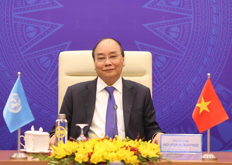 Thủ tướng Chính phủ Nguyễn Xuân Phúc phát biểu tại điểm cầu Hà Nội. (Ảnh: Thống Nhất/TTXVN)