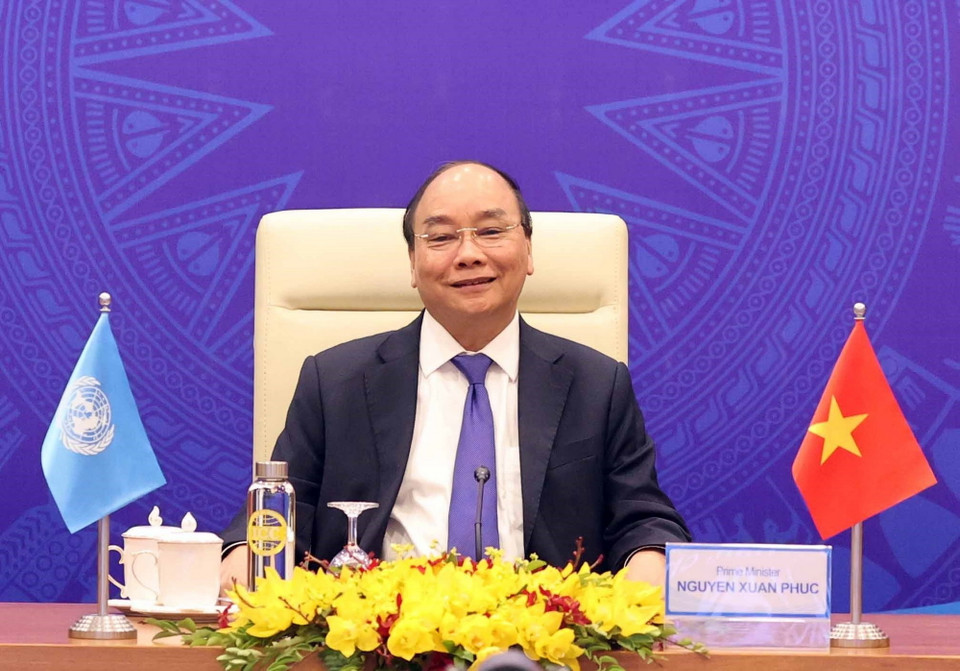 Thủ tướng Chính phủ Nguyễn Xuân Phúc phát biểu tại điểm cầu Hà Nội. (Ảnh: Thống Nhất/TTXVN)