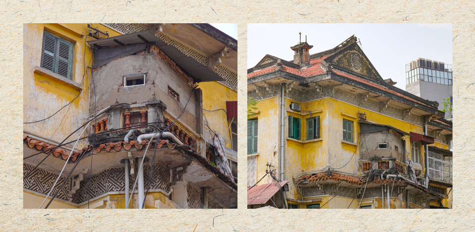 Căn biệt thự đã xuống cấp, nhiều mảng tường lớn bị bong tróc, chắp vá. (Ảnh: Minh Hiếu/Vietnam+)