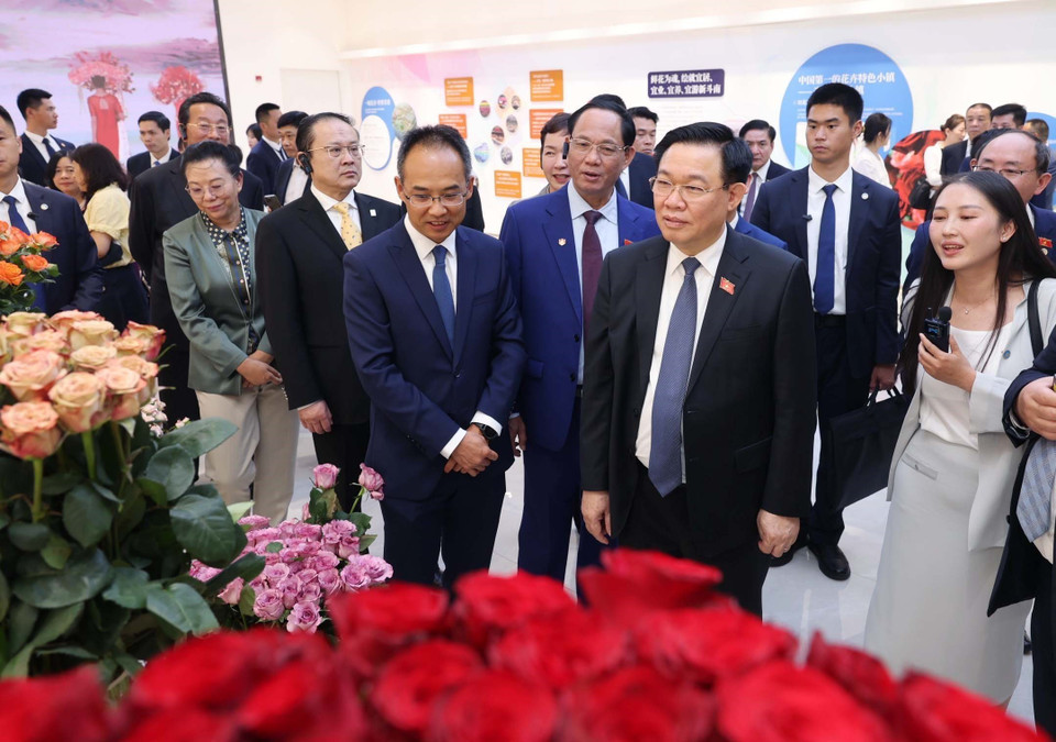Chủ tịch Quốc hội Vương Đình Huệ đến thăm Trung tâm giao dịch đấu giá cây cảnh quốc tế Côn Minh. (Ảnh: Nhan Sáng/TTXVN)