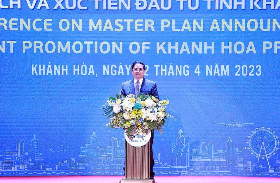 Thủ tướng Phạm Minh Chính phát biểu tại Hội nghị công bố quy hoạch và xúc tiến đầu tư tỉnh Khánh Hòa năm 2023. (Ảnh: Dương Giang/TTXVN)