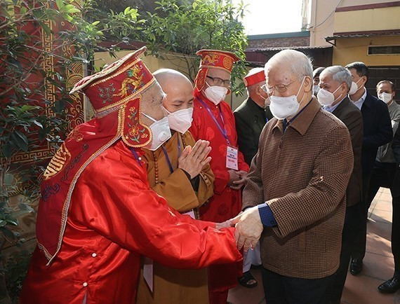 Tổng Bí thư Nguyễn Phú Trọng dự Ngày hội Đại đoàn kết toàn dân tộc tại thôn 5, xã Yên Sở, huyện Hoài Đức, thành phố Hà Nội (14/11/2021). (Ảnh: Trí Dũng/TTXVN)