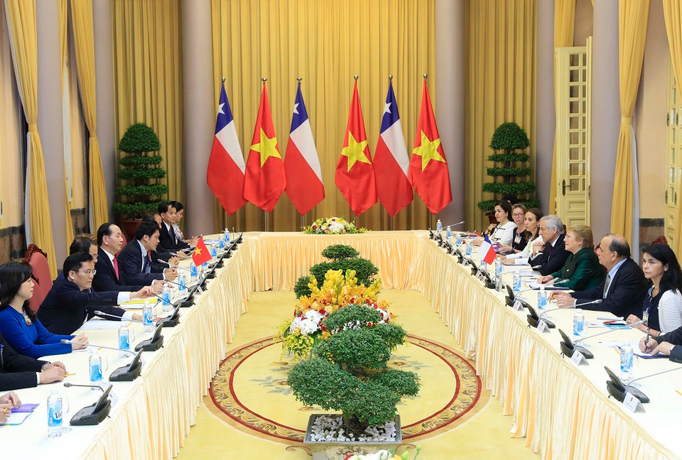 Chủ tịch nước Trần Đại Quang hội đàm với Tổng thống Cộng hòa Chile Michelle Bachelet Jeria. (Ảnh: Nhan Sáng/TTXVN)