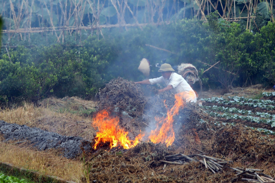 Người dân huyện Hoài Đức (Hà Nội) đốt rác thải. (Ảnh: Huy Hùng/TTXVN)