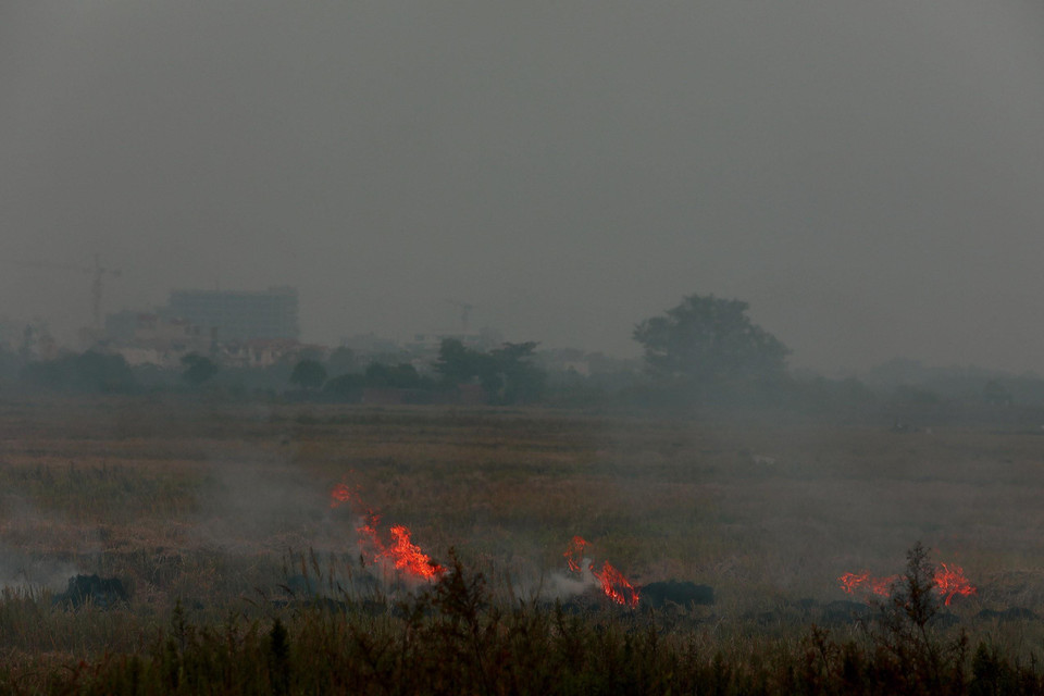 Những ngày này, trên các cánh đồng của các huyện ngoại thành Hà Nội đang bước vào vụ gặt, người dân đốt rơm rạ tại ruộng gây nên cảnh khói trắng dày đặc. (Ảnh: Huy Hùng/TTXVN)