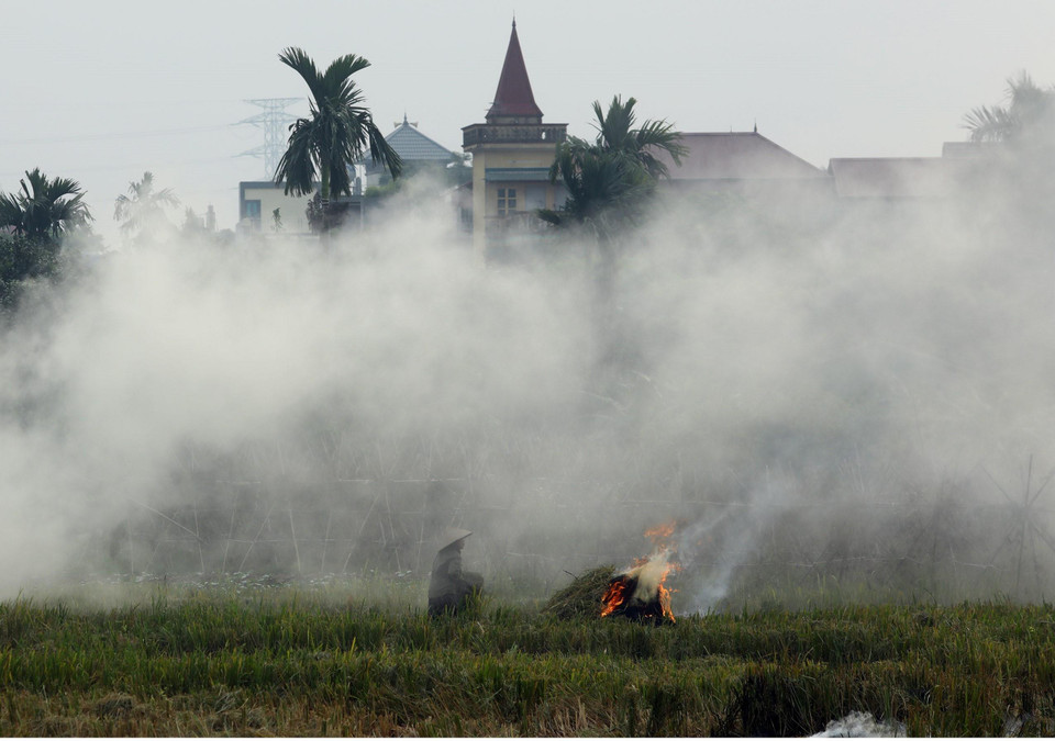 Một phần khói từ những vụ đốt rơm rạ này bay vào nội thành, gây ra tình trạng ô nhiễm không khí trầm trọng. (Ảnh: Huy Hùng/TTXVN)