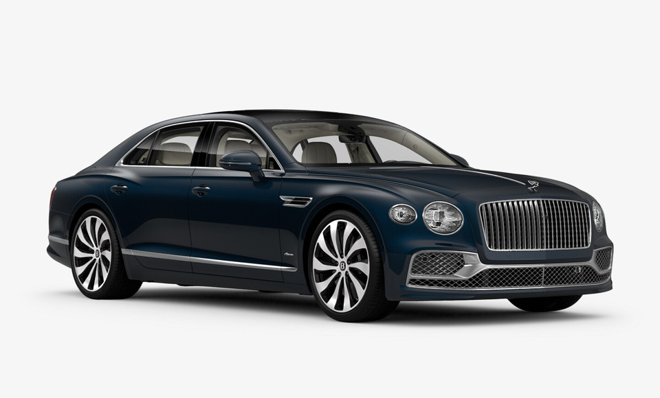 Trong số đó, Bentley Flying Spur V8 Sapphire Edition phiên bản Azure ghi dấu ấn đặc biệt với màu sơn ngoại thất Light Sapphire lấp lánh màu lam ngọc, đi kèm là lưới tản nhiệt mạ chrome với các nan đứng, lazang 22inch 10 chấu... (Ảnh nguồn: Bentley)