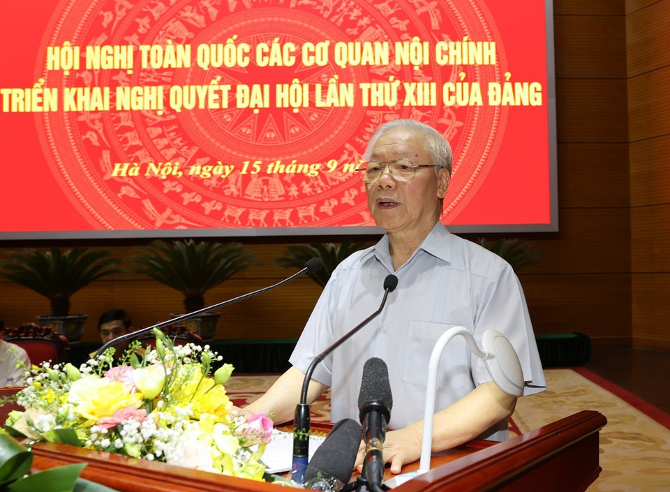 Tổng Bí thư Nguyễn Phú Trọng phát biểu chỉ đạo hội nghị. (Ảnh: Trí Dũng/TTXVN)