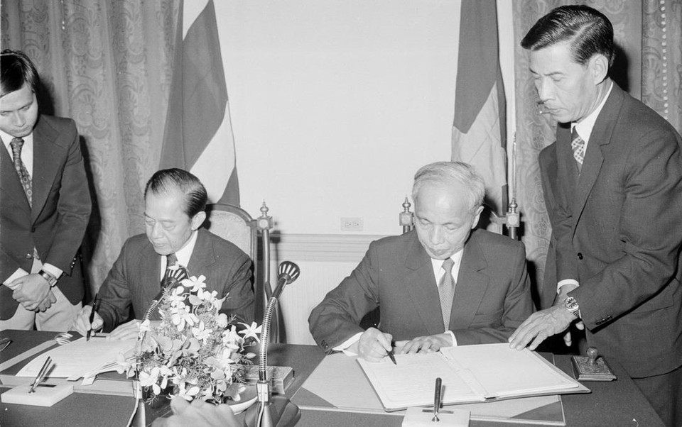 Lễ ký Hiệp định thương mại, hợp tác kinh tế kỹ thuật Việt Nam-Thái Lan, tháng 1/1978. (Ảnh: Tư liệu TTXVN)