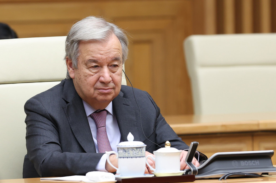 Tổng Thư ký Liên hợp quốc António Guterres phát biểu tại buổi tiếp. (Ảnh: Dương Giang/TTXVN)