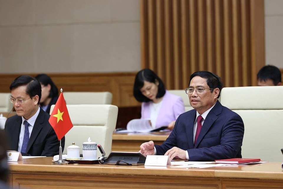 Thủ tướng Phạm Minh Chính phát biểu tại buổi tiếp Chủ tịch Quốc hội Cộng hoà Mozambique. (Ảnh: Dương Giang/TTXVN)