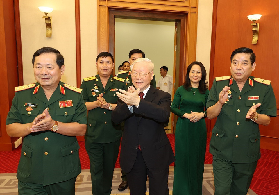 Tổng Bí thư Nguyễn Phú Trọng, Bí thư Quân ủy Trung ương đến dự buổi gặp mặt đại biểu Đại hội Đoàn Thanh niên Cộng sản Hồ Chí Minh Quân đội. (Ảnh: Trí Dũng/TTXVN)