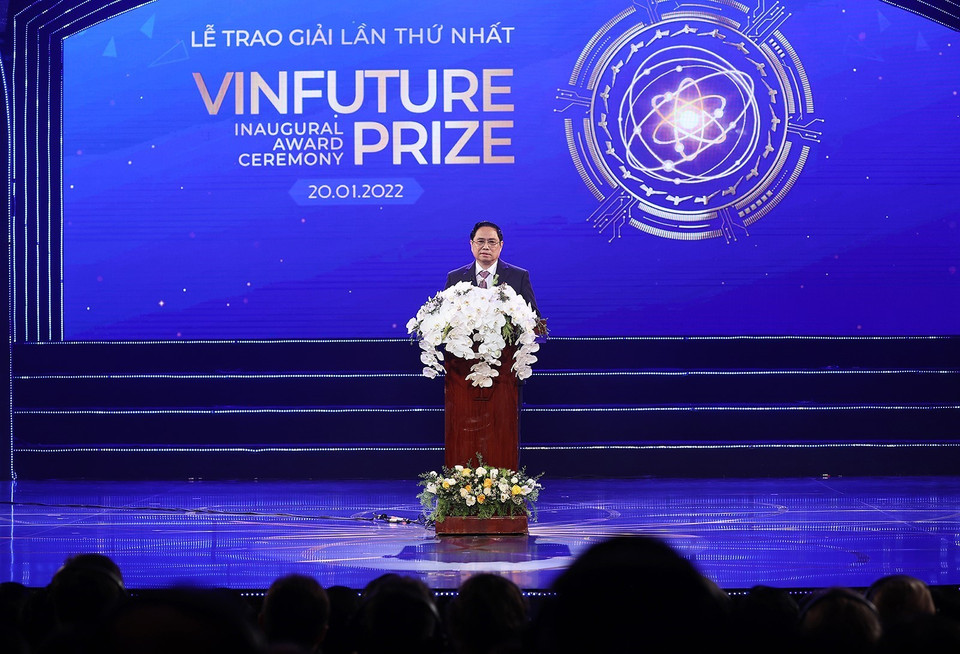 Thủ tướng Phạm Minh Chính phát biểu tại Lễ trao giải thưởng VinFuture. (Ảnh: Dương Giang/TTXVN)
