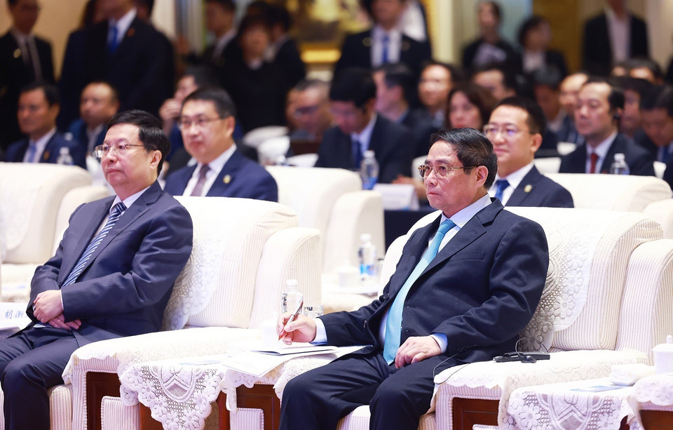 Thủ tướng Phạm Minh Chính dự Tọa đàm doanh nghiệp Việt Nam-Trung Quốc. (Ảnh: Dương Giang/TTXVN)