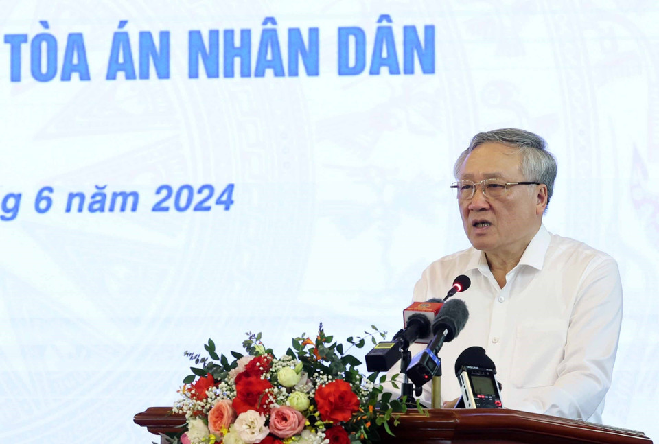 Chánh án Tòa án Nhân dân Tối cao Nguyễn Hòa Bình phát biểu tại buổi làm việc. (Ảnh: Nhan Sáng/TTXVN)