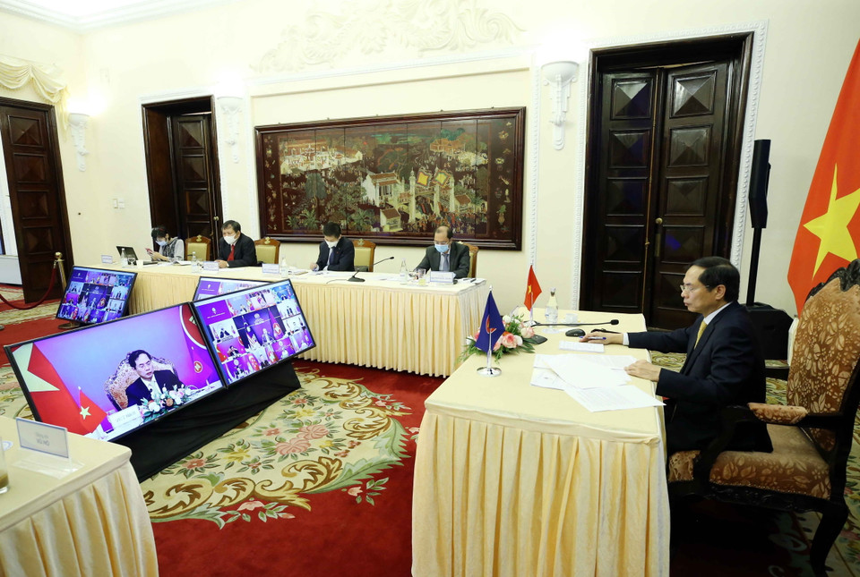 Hội nghị Bộ trưởng Ngoại giao ASEAN lần thứ 54 (AMM-54) diễn ra sáng 4/8/2021 (theo giờ Hà Nội). (Ảnh: Phạm Kiên/TTXVN)