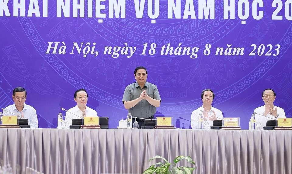 Chiều 18/8/2023, tại Hà Nội, Thủ tướng Phạm Minh Chính dự Hội nghị Tổng kết năm học 2022-2023 và Triển khai Nhiệm vụ năm học 2023-2024. (Ảnh: Dương Giang/TTXVN)