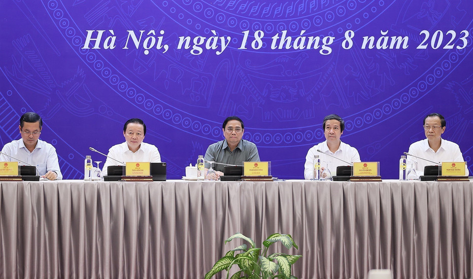 Thủ tướng Phạm Minh Chính dự Hội nghị Triển khai Nhiệm vụ năm học 2023-2024. (Ảnh: Dương Giang/TTXVN)