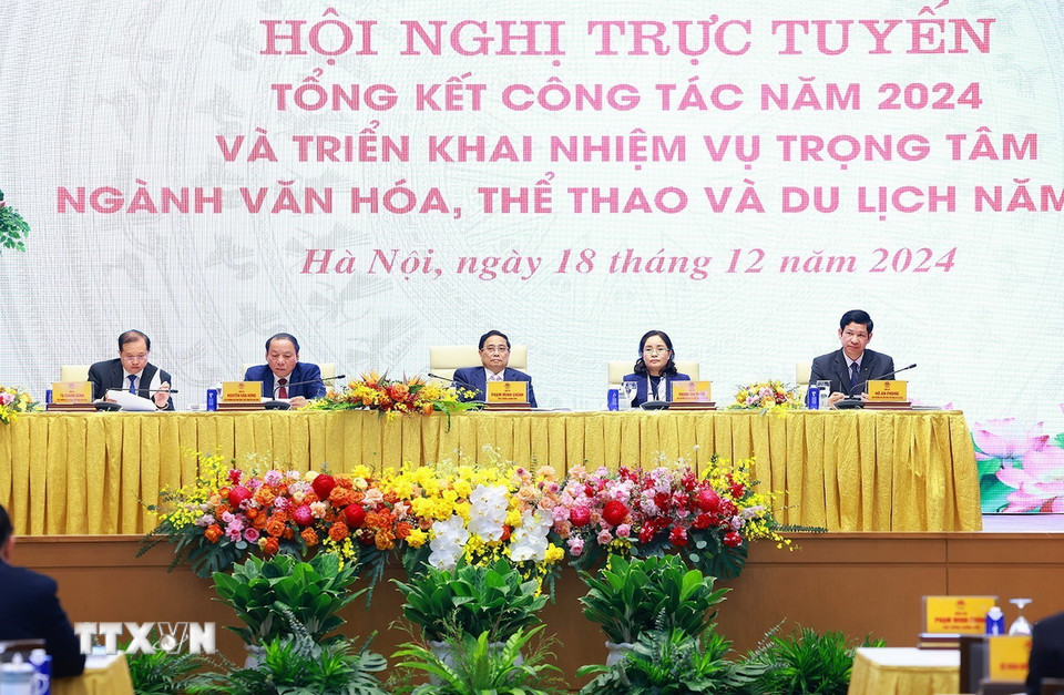Thủ tướng Phạm Minh Chính và lãnh đạo Bộ Văn hóa, Thể thao và Du lịch chủ trì Hội nghị triển khai nhiệm vụ năm 2025. (Ảnh: Dương Giang/TTXVN)