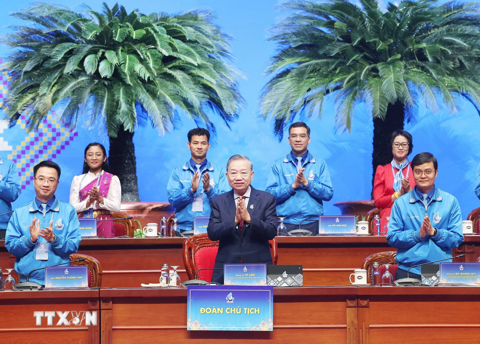 Tổng Bí thư Tô Lâm dự Đại hội lần 9 Hội Liên hiệp Thanh niên Việt Nam. (Ảnh: Thống Nhất/TTXVN)