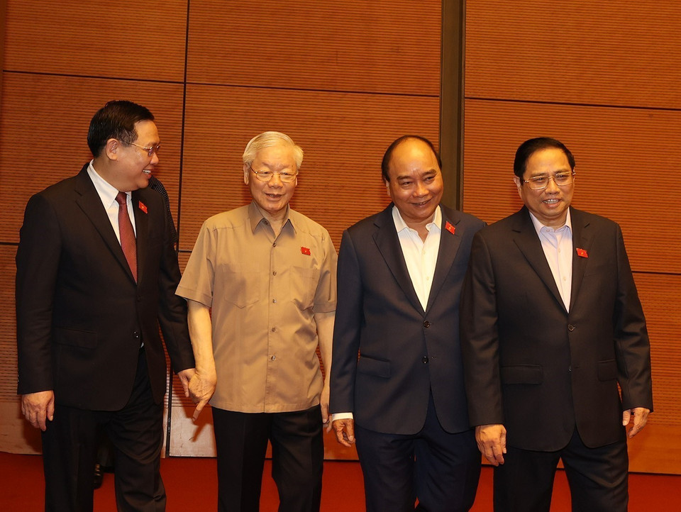 Tổng Bí thư Nguyễn Phú Trọng, Chủ tịch nước Nguyễn Xuân Phúc, Thủ tướng Chính phủ Phạm Minh Chính, Chủ tịch Quốc hội Vương Đình Huệ dự phiên họp. (Ảnh: Trí Dũng/TTXVN)