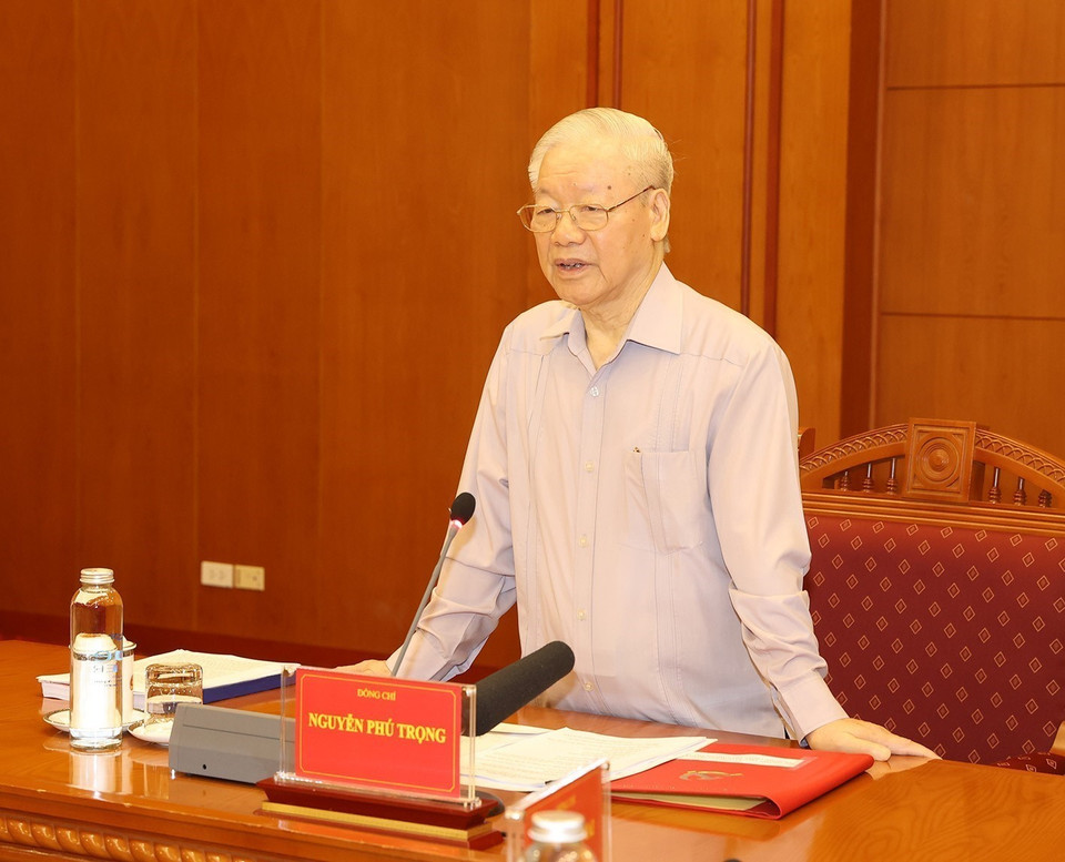 Tổng Bí thư Nguyễn Phú Trọng phát biểu chỉ đạo cuộc họp.(Ảnh: Trí Dũng/TTXVN)